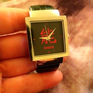 Chico's Asian style Able black and red letters open clasp watch